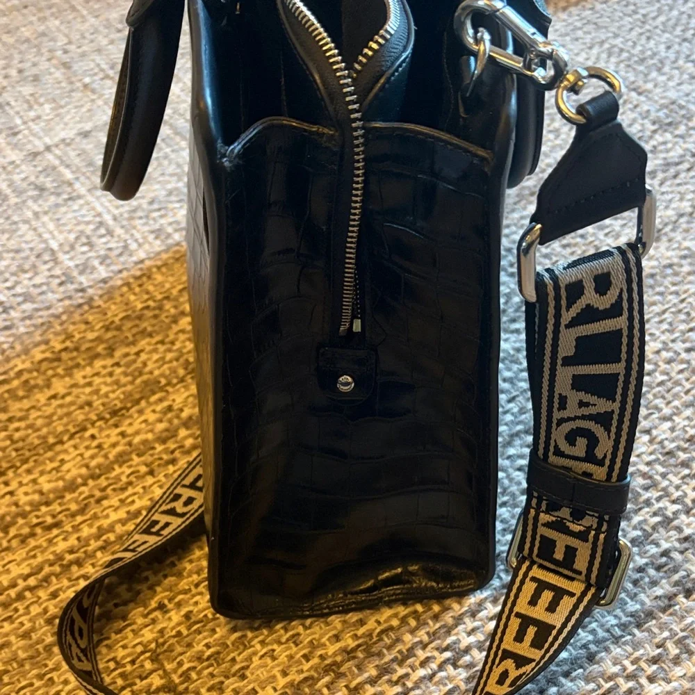 Karl Lagerfeld Black Leather Simone Alligator-Embossed Top Handle Bag